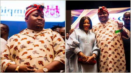 A split image showing Nigerian socialite Cubana Chief Priest and his wife, De Angels. On the left, a close-up captures Cubana Chief Priest wearing a cream-colored traditional shirt with a brown horse head pattern and a red, white, and black striped cap. On the right, he stands with his arm around his wife, who wears a light blue traditional dress, while he holds an award plaque.
