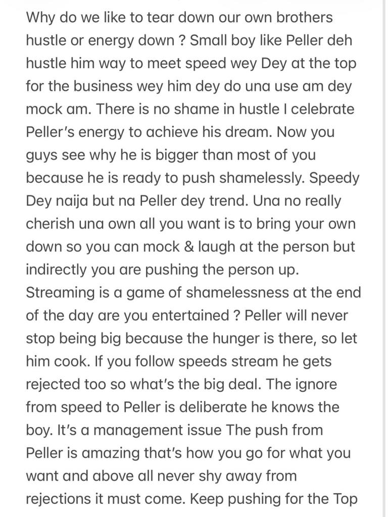 A text post discussing the importance of supporting one another in personal and professional endeavors, highlighting the hustle of an individual named Peller and contrasting it with societal tendencies to mock or tear down others.