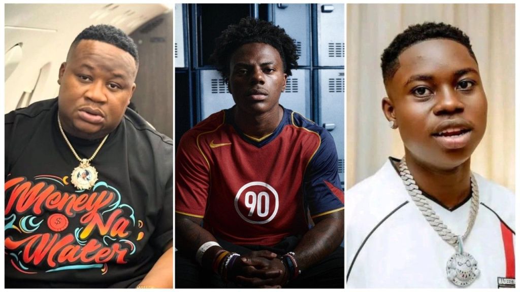 A split-image collage featuring three figures: on the left, Nigerian socialite Cubana Chief Priest wearing a black "Money Na Water" t-shirt and gold chain; in the center, American streamer IShowSpeed sitting in a red and blue jersey; and on the right, content creator Peller wearing a white shirt and silver necklace.