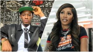 A split photo featuring content creator Dami Foreign in a green cap and suit on the left, alongside singer Tiwa Savage in a black graphic t-shirt on the right.