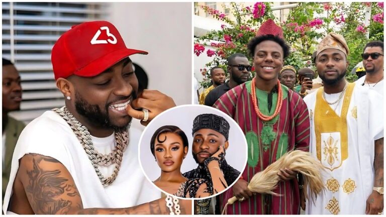 A composite image featuring three scenes. Left: Nigerian singer Davido smiles while biting his finger, wearing a red cap and heavy silver chain. Right: American streamer IShowSpeed and Davido stand together, both dressed in traditional Nigerian Agbada robes. Center overlay: A circular portrait of Davido and his wife Chioma Rowland posing in matching black formal attire.