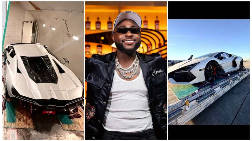 A split-image collage featuring Nigerian singer Davido and his newly arrived Lamborghini Revuelto. Left: The white supercar strapped down inside a cargo aircraft. Center: Davido smiling, wearing dark sunglasses, a white cap, and a black jacket. Right: The luxury vehicle sitting on a cargo pallet on the airport tarmac.