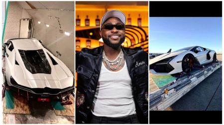 A split-image collage featuring Nigerian singer Davido and his newly arrived Lamborghini Revuelto. Left: The white supercar strapped down inside a cargo aircraft. Center: Davido smiling, wearing dark sunglasses, a white cap, and a black jacket. Right: The luxury vehicle sitting on a cargo pallet on the airport tarmac.