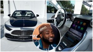 A split-screen collage showing the front view of a white and black 2026 Mercedes-Maybach SL 680 Monogram Series and its white leather interior, with a circular insert of Nigerian singer Davido smiling in the center.