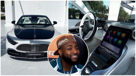 A split-screen collage showing the front view of a white and black 2026 Mercedes-Maybach SL 680 Monogram Series and its white leather interior, with a circular insert of Nigerian singer Davido smiling in the center.