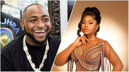 A split image featuring Nigerian singer Davido smiling while wearing a black t-shirt and diamond chain on the left, and BBNaija winner Phyna posing in an elegant embellished dress on the right.