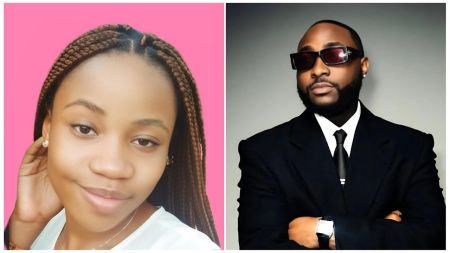 A split image featuring Mitchelle Anuoluwapo Adeleke smiling with braided hair against a pink background on the left, and Nigerian singer Davido posing in a black suit and sunglasses on the right.