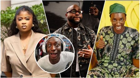 A collage featuring four Nigerian public figures: BBNaija star Imisi in a beige suit on the left, music star Davido in sunglasses and a patterned jacket in the center, content creator Carter Efe looking shocked in a circular inset, and skit maker Layi Wasabi in his signature green costume giving a thumbs up on the right.