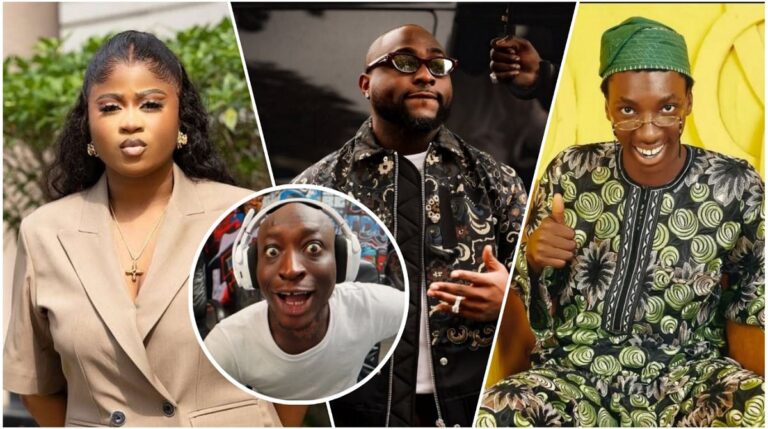 A collage featuring four Nigerian public figures: BBNaija star Imisi in a beige suit on the left, music star Davido in sunglasses and a patterned jacket in the center, content creator Carter Efe looking shocked in a circular inset, and skit maker Layi Wasabi in his signature green costume giving a thumbs up on the right.