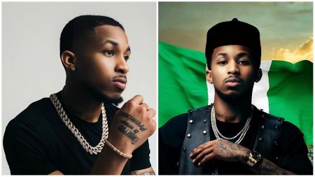 Split-image collage featuring American rapper and YouTuber DDG (Darryl Dwayne Granberry Jr.)—left: close-up portrait in a black shirt, wearing a thick diamond Cuban link chain, hand on chin with visible hand tattoos against a plain gray background; right: DDG in a black leather vest over a black shirt, multiple layered chains, gold watch, and black cap against a backdrop of the Nigerian flag.