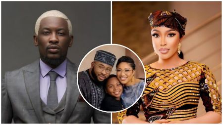 A split image featuring Nigerian media personality Do2dtun on the left and actress Tonto Dikeh on the right. Do2dtun is wearing a grey suit with a purple shirt and grey tie, sporting his signature blonde-dyed hair. Tonto Dikeh is dressed in an elaborate black and gold patterned traditional outfit with a matching headwrap. In the center, a circular insert shows a family photo of Tonto Dikeh, her ex-husband Olakunle Churchill, and their son, King Andre, all smiling together.