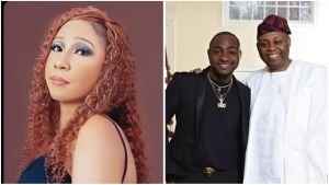 A split image featuring Ayo Labinjo on the left, and Nigerian music star Davido posing with his father, Dr. Adedeji Adeleke, on the right. Ayo Labinjo has curly reddish-brown hair and is wearing makeup. Davido is dressed in a black suit with a gold "OBO" necklace, standing beside his father who is wearing a white traditional Agbada and a patterned cap.