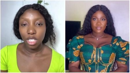 Eddie Bliss apologises to Mercy Johnson after police release A split-screen composite image featuring Eddie Bliss (Blessing Aniedi) on the left and actress Mercy Johnson-Okojie on the right. Eddie Bliss is wearing a lime green ribbed top with natural makeup and a serious expression. Mercy Johnson-Okojie is wearing a dark green and gold Ankara-style dress with puff sleeves and a sweetheart neckline, accessorized with a simple pearl necklace and soft glam makeup.
