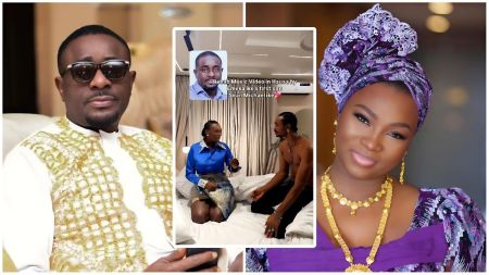 A composite image featuring Emeka Ike and Jaruma. On the left, Emeka Ike is seated wearing a white traditional outfit with gold embroidery and dark sunglasses. On the right, Jaruma is dressed in elaborate purple traditional lace with a matching head wrap (gele) and heavy gold jewelry. In the center, an inset shows a scene from the music video where Sean Michael Ike sits on a bed talking to Jaruma.