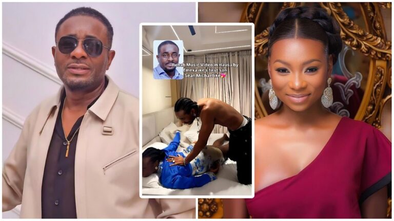A composite image featuring Emeka Ike and Jaruma. On the left, Nollywood actor Emeka Ike poses in sunglasses and a beige jacket. On the right, Jaruma smiles wearing a maroon one-shoulder top and large earrings. In the center, an inset shows a scene from a music video where Sean Michael Ike is leaning over Jaruma on a bed.