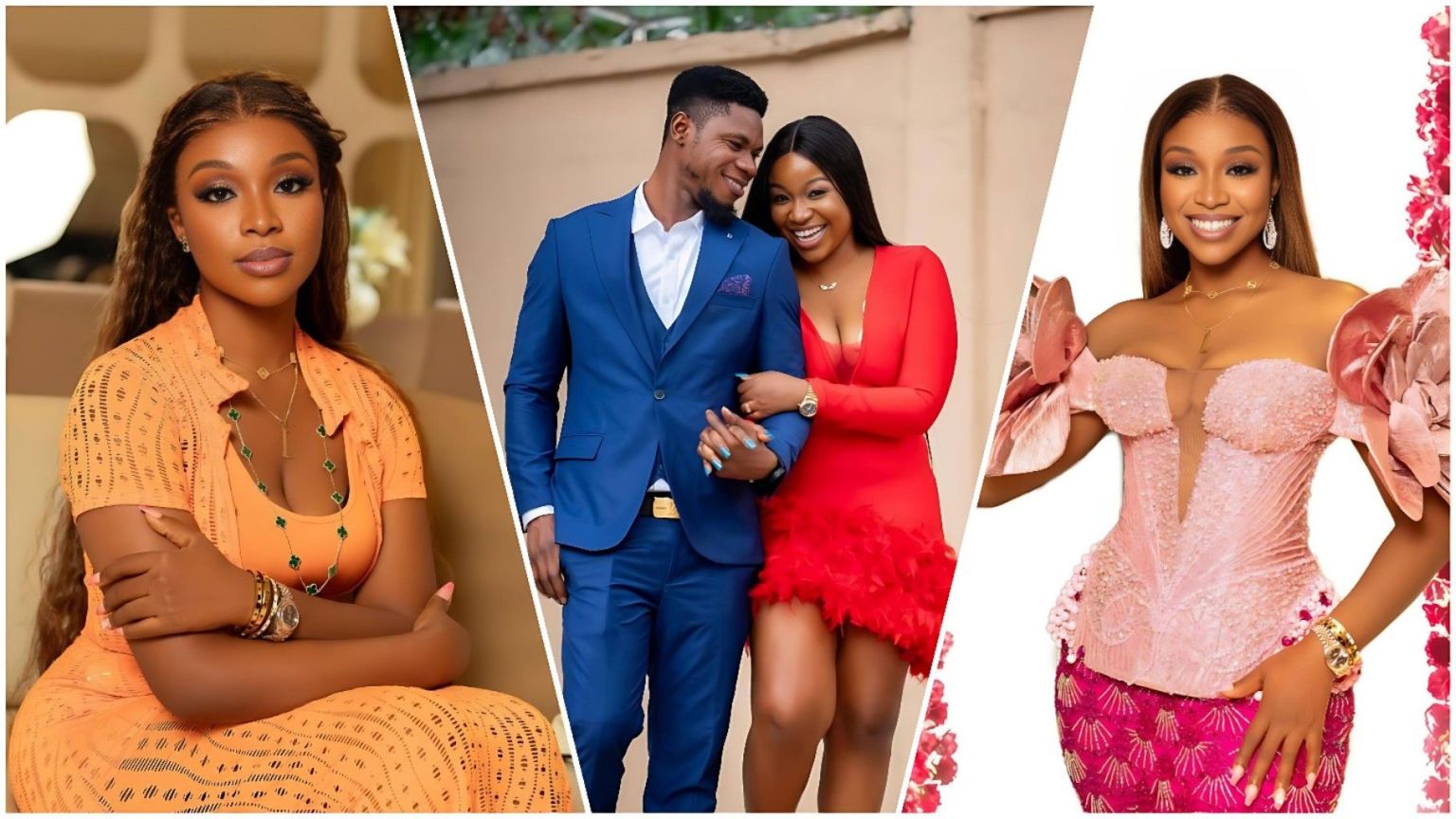 Collage featuring Ituma Chukwuemeka and his wife Lydiv. Left: Lydiv sits on a beige sofa wearing an orange knit dress. Center: Ituma Chukwuemeka wears a blue suit while holding hands with Lydiv, who wears a red feather-hem dress. Right: Lydiv smiles in a pink corset-style top and patterned skirt.