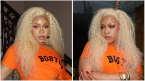 A split image featuring Nigerian singer Fave. On the left, she looks directly at the camera wearing a blonde curly wig and an orange crop top with "BOSTON" written on it. On the right, she looks to the side, showing off her makeup, gold bangles, and red nails.