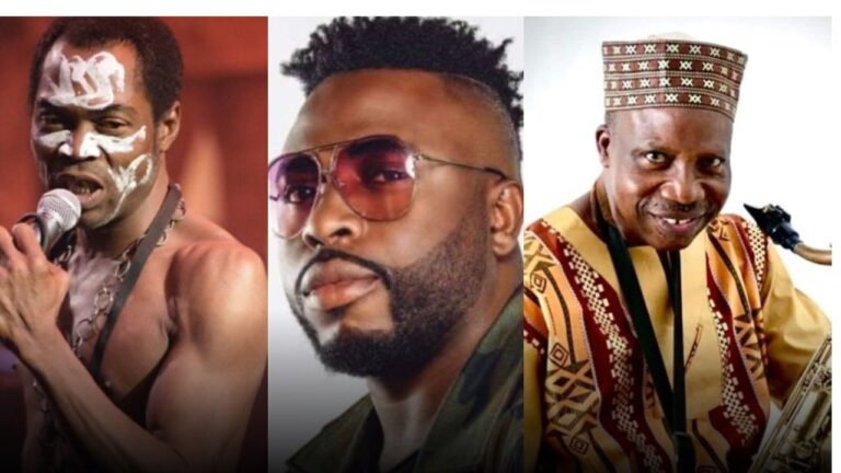A composite image featuring three Nigerian music figures: on the left, Afrobeat legend Fela Kuti performing with white face paint; in the center, music producer Samklef wearing sunglasses; and on the right, veteran highlife musician Orlando Julius holding a saxophone.