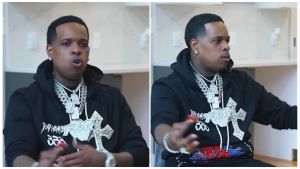 A split image showing two angles of rapper Finesse2Tymes during an interview. On the left, he faces forward speaking passionately, wearing a black hoodie with white text and heavy diamond chains. On the right, he is shown in profile looking to the side while gesturing with a red vape in his hand.