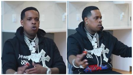A split image showing two angles of rapper Finesse2Tymes during an interview. On the left, he faces forward speaking passionately, wearing a black hoodie with white text and heavy diamond chains. On the right, he is shown in profile looking to the side while gesturing with a red vape in his hand.