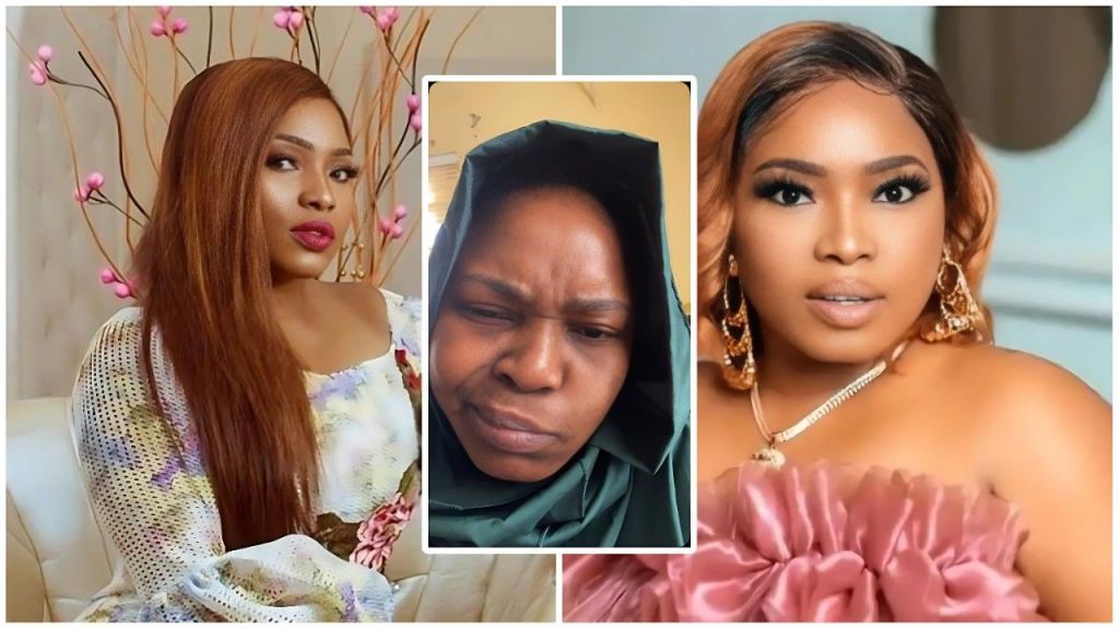 A composite image featuring three photos of Nigerian actress Halima Abubakar. The left panel shows a glamorous studio shot of her wearing a white patterned dress with long, reddish-brown straight hair. The center panel is a close-up, unfiltered photo of her looking distressed and somber, wearing a dark green hijab without makeup—an image from her public health appeals. The right panel shows another glamorous studio shot of her wearing a ruffled pink off-shoulder top with wavy honey-blonde hair and large gold earrings.