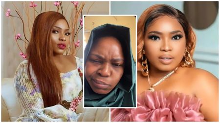 A composite image featuring three photos of Nigerian actress Halima Abubakar. The left panel shows a glamorous studio shot of her wearing a white patterned dress with long, reddish-brown straight hair. The center panel is a close-up, unfiltered photo of her looking distressed and somber, wearing a dark green hijab without makeup—an image from her public health appeals. The right panel shows another glamorous studio shot of her wearing a ruffled pink off-shoulder top with wavy honey-blonde hair and large gold earrings.