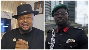 A split image featuring human rights activist Harrison Gwamnishu on the left, wearing a black fedora hat and smiling, alongside social media critic VeryDarkMan (VDM) on the right, dressed in a black military-style uniform with a green beret and glasses.