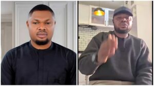 A split-screen composite image. On the left is a professional studio portrait of Nigerian human rights activist Harrison Gwamnishu, wearing a black traditional outfit with a calm expression. On the right is a candid screenshot from a video showing Gwamnishu in a casual grey sweater and black baseball cap, gesturing with his hand while speaking in a kitchen setting.