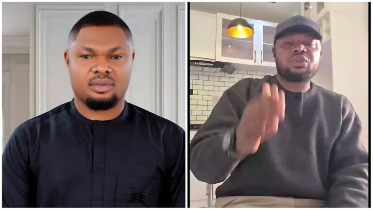 A split-screen composite image. On the left is a professional studio portrait of Nigerian human rights activist Harrison Gwamnishu, wearing a black traditional outfit with a calm expression. On the right is a candid screenshot from a video showing Gwamnishu in a casual grey sweater and black baseball cap, gesturing with his hand while speaking in a kitchen setting.