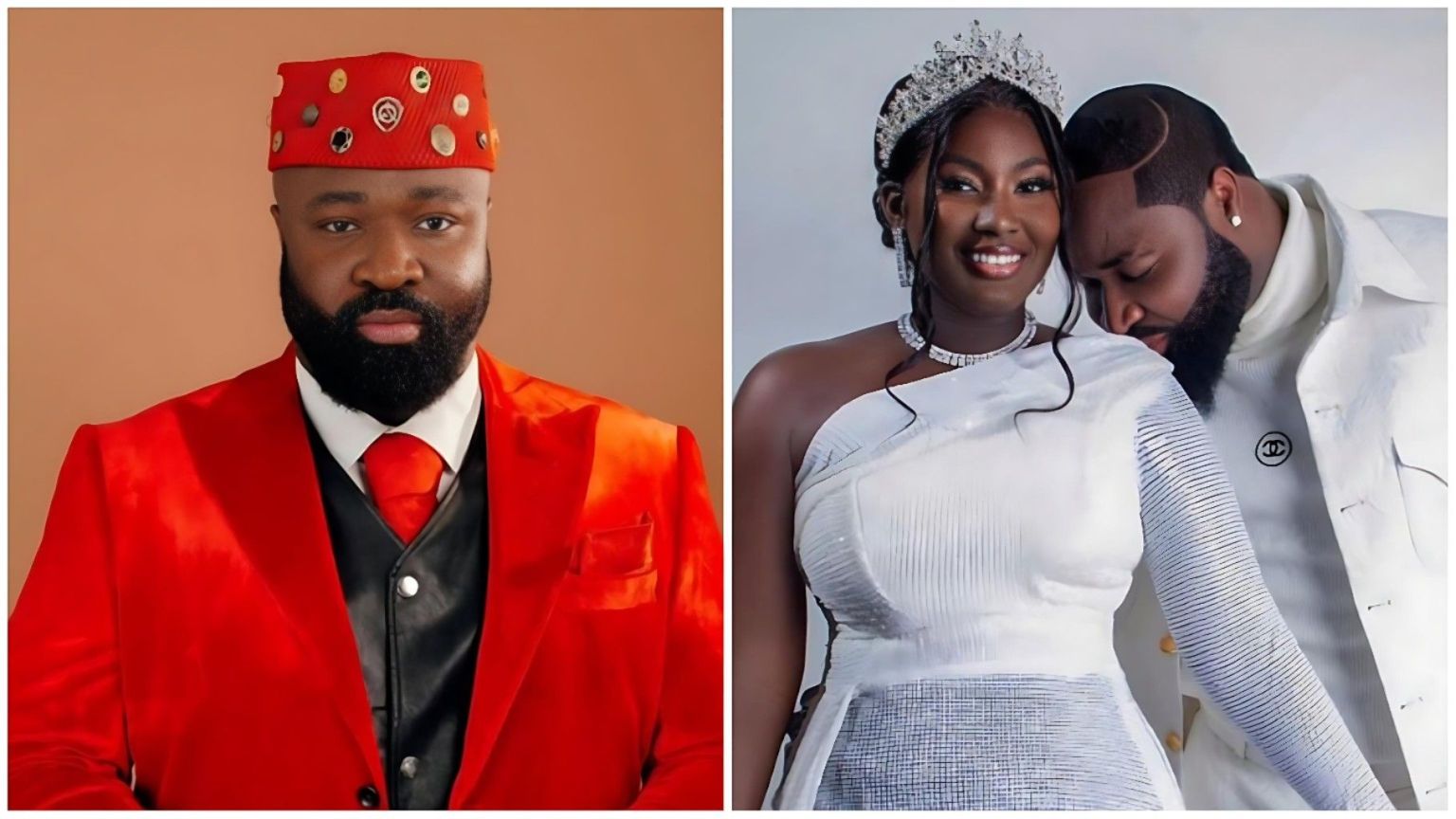 Nigerian singer Harrysong in red traditional attire split with a photo of his ex-wife Alexer Peres in a white gown during happier times.
