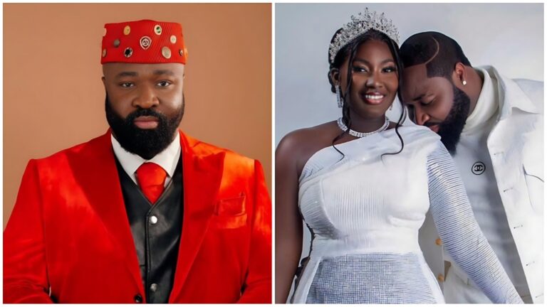 Nigerian singer Harrysong in red traditional attire split with a photo of his ex-wife Alexer Peres in a white gown during happier times.