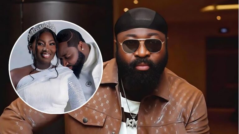 Nigerian singer Harrysong wearing a brown leather jacket and sunglasses, featuring an inset wedding photo of him and his ex-wife Alexer Peres.