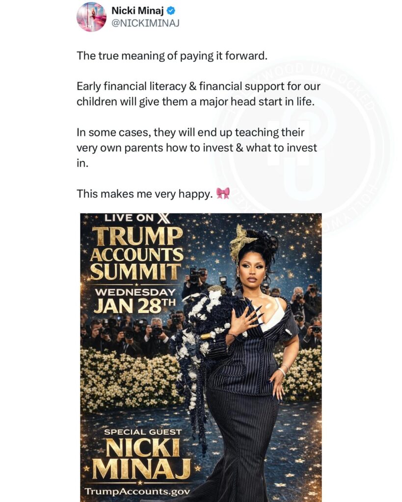 A promotional image for the Trump Accounts Summit featuring Nicki Minaj as a special guest. The background includes a crowd of photographers and floral decorations. The date of the event is January 28th.