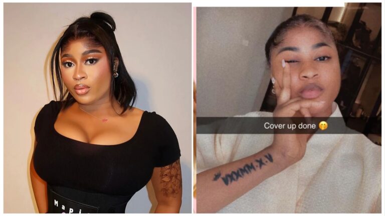 A split image featuring BBNaija Season 10 winner Imisioluwa. The left side shows a glamorous studio shot of her wearing a black top and a Mapia waist trainer. The right side is a selfie close-up where she displays a fresh forearm tattoo featuring a crown and Roman numerals, with the caption "Cover up done."