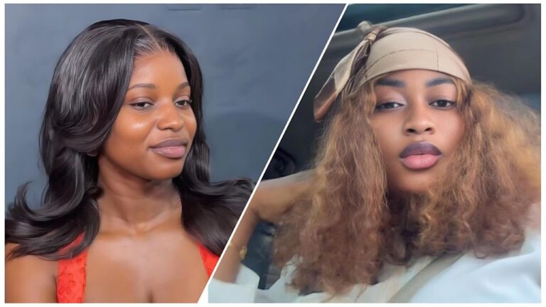 A composite image featuring BBNaija star Isabella in two distinct looks; on the left, she is seen in a glamorous portrait with dark wavy hair, and on the right, she poses in a casual car selfie wearing a tan durag.