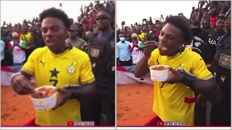American YouTuber IShowSpeed tastes Jollof rice in Accra while wearing a yellow Ghana national football team jersey.