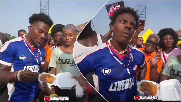 IShowSpeed eating Liberian jollof rice and reacting to the taste while surrounded by fans during his visit to Monrovia, Liberia.