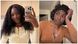 A split image featuring TikTok creator Iamisiuwa. On the left, she poses for a mirror selfie with long curly hair, wearing a cream-coloured cardigan and smiling. On the right, she appears more casual and weary, wearing a black satin bonnet and a brown top while leaning her head on her hand.