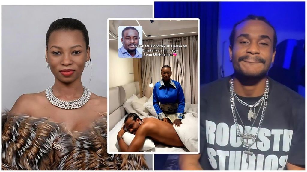 A composite image featuring Jaruma and Sean Michael Ike. On the left is a studio portrait of Jaruma wearing a statement silver necklace and a fur stole. On the right is a close-up of Sean Michael Ike smiling, wearing a black "ROCKSTAR STUDIOS" t-shirt and layered silver chains. In the center, an inset shows a scene from a music video with Jaruma and Sean on a bed, captioned "Rehab Music Video in Hausa by Emeka ike's first son Sean Michael ike."