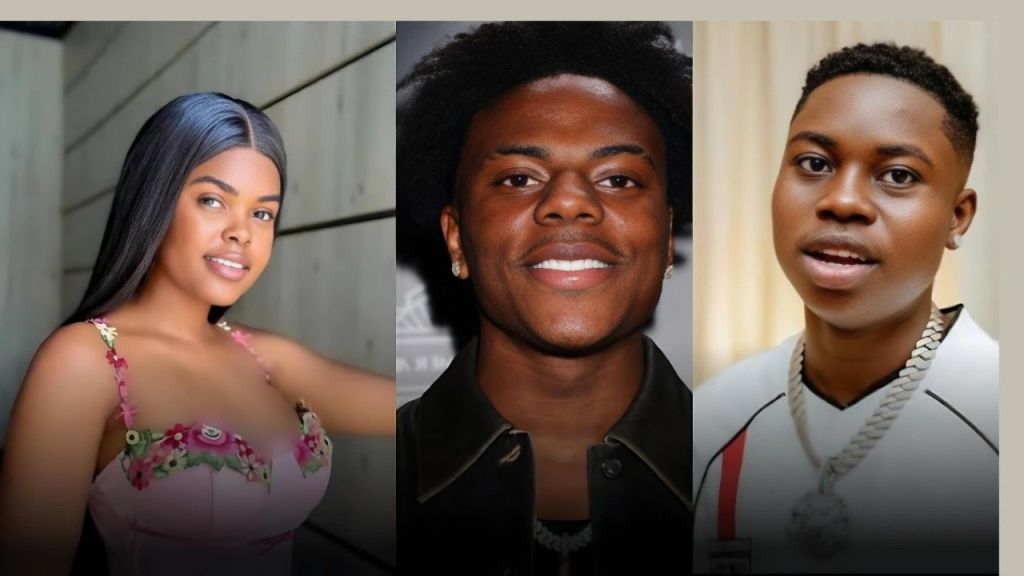 A composite image featuring three popular content creators arranged side-by-side. On the left is Nigerian TikTok star Jarvis (Jadrolita) wearing a pink floral top with long dark hair. In the center is American streamer IShowSpeed smiling in a black jacket. On the right is Nigerian creator Peller wearing a white jersey and a silver chain necklace.