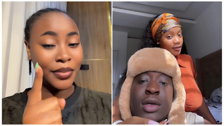 A split image featuring Jojooflele on the left and a photo of Carter Efe with Ella on the right. On the left, Jojooflele looks directly at the camera, pointing her finger upwards while speaking. On the right, Carter Efe is shown wearing a beige furry hat with Ella posing closely behind him, dressed in an orange top and a patterned headscarf.