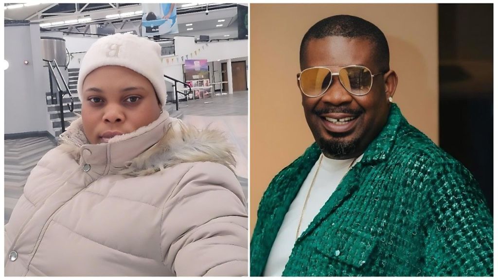 A split-screen composite image featuring a selfie of a woman wearing a beige winter coat and a white beanie cap, standing indoors with a staircase in the background on the left, and a smiling portrait of Nigerian music executive Don Jazzy wearing a textured green jacket and gold-rimmed aviator sunglasses on the right.