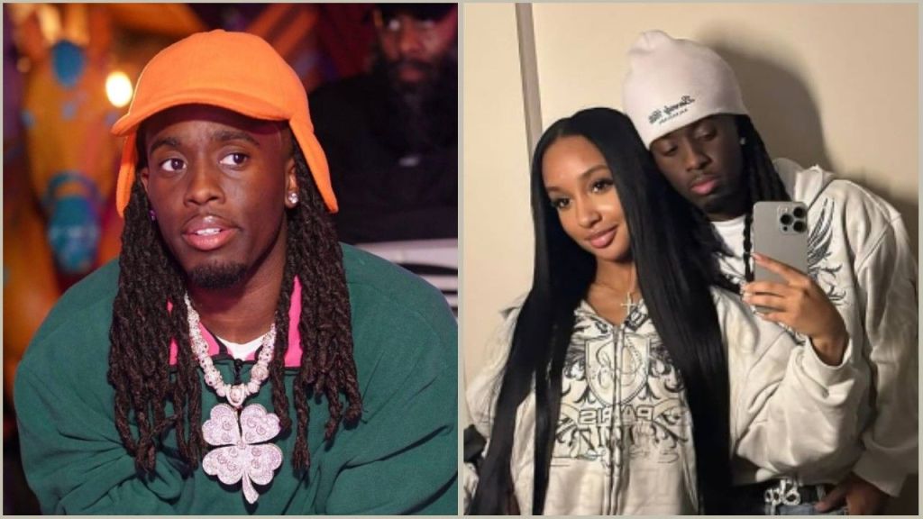 A split image featuring Twitch streamer Kai Cenat. On the left, a solo shot shows him wearing an orange hat with earflaps, a green jacket, and a large diamond four-leaf clover necklace. On the right, a mirror selfie depicts Kai standing behind his ex-girlfriend Gigi (Gabrielle Alayah); she has long dark hair and wears a white graphic zip-up hoodie, while Kai matches her in a white hoodie and beanie.