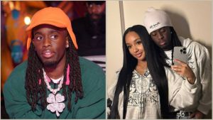 A split image featuring Twitch streamer Kai Cenat. On the left, a solo shot shows him wearing an orange hat with earflaps, a green jacket, and a large diamond four-leaf clover necklace. On the right, a mirror selfie depicts Kai standing behind his ex-girlfriend Gigi (Gabrielle Alayah); she has long dark hair and wears a white graphic zip-up hoodie, while Kai matches her in a white hoodie and beanie.