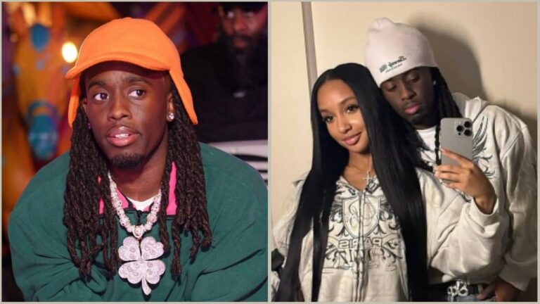 A split image featuring Twitch streamer Kai Cenat. On the left, a solo shot shows him wearing an orange hat with earflaps, a green jacket, and a large diamond four-leaf clover necklace. On the right, a mirror selfie depicts Kai standing behind his ex-girlfriend Gigi (Gabrielle Alayah); she has long dark hair and wears a white graphic zip-up hoodie, while Kai matches her in a white hoodie and beanie.