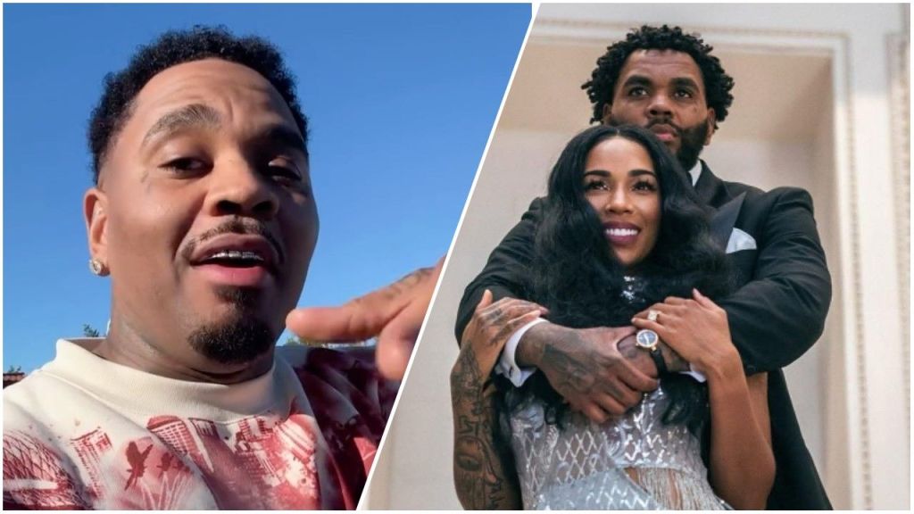 A split image showing a close-up of Kevin Gates speaking outdoors on the left and a formal photo of Kevin and Dreka Gates embracing on the right.