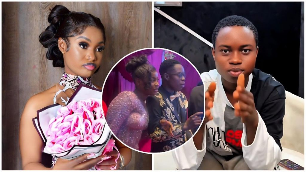 A composite image featuring Nigerian content creators King Mitchy and Peller. On the left, King Mitchy holds a bouquet of pink roses, looking to the side with a serious expression. On the right, Peller is seated wearing a black and white shirt, gesturing with his hands while looking directly at the camera. In the center, a circular inset shows the pair standing together at an event, with Mitchy in a sequined dress and Peller in a black and gold jacket.