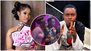 A composite image featuring Nigerian content creators King Mitchy and Peller. On the left, King Mitchy holds a bouquet of pink roses, looking to the side with a serious expression. On the right, Peller is seated wearing a black and white shirt, gesturing with his hands while looking directly at the camera. In the center, a circular inset shows the pair standing together at an event, with Mitchy in a sequined dress and Peller in a black and gold jacket.