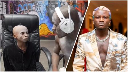 A split image featuring three Nigerian entertainment figures. On the left, content creators Kolu Wahala and Carter Efe appear during a live stream, both covered in white powder; Kolu sits in a black chair while Carter Efe leans in wearing white headphones. On the right is a portrait of singer Portable with multi-colored dyed hair, wearing a tropical patterned blazer and a silver chain.