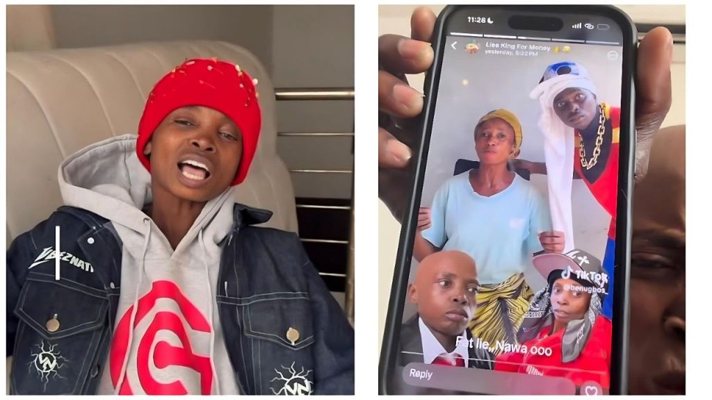 A split image showing Nigerian content creator Kolu Wahala wearing a red beanie and denim jacket on the left, and a close-up of a phone screen on the right displaying the viral video of the woman claiming to be his mother alongside Hamzacheeboy.